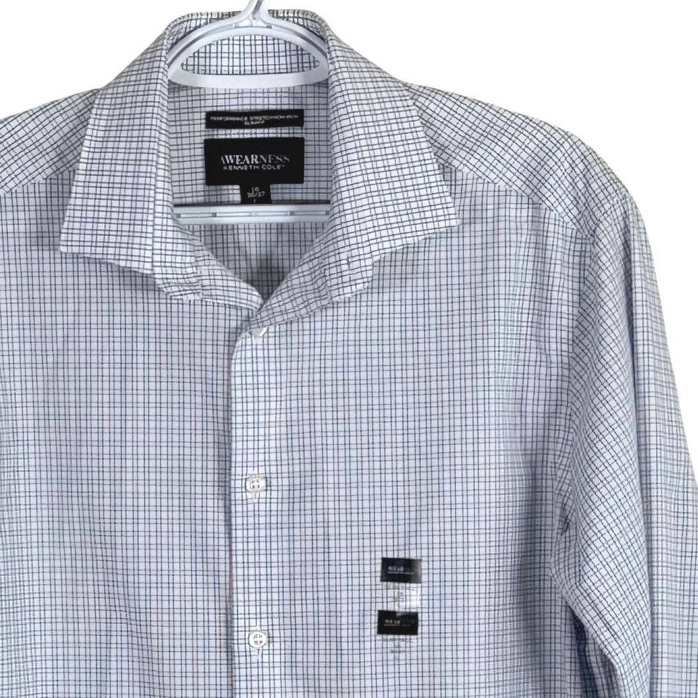 Awearness Kenneth Cole Dress Shirt Mens 16 36/37 L Blue Grid Slim Fit Non-Iron